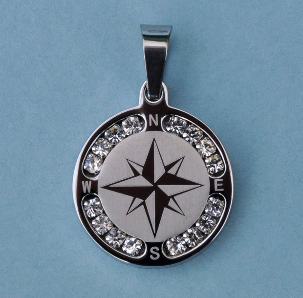 Stainless Steel Compass Rose Pendant with Rhinestones