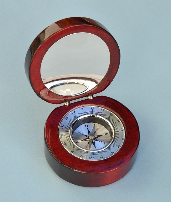 Aluminum Desk Compass in Round Rosewood Case