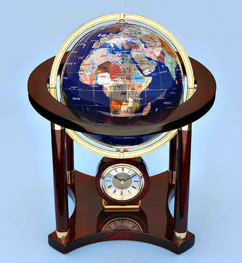 Large Gemstone Globe and Quartz Clock on Mahogany Stand